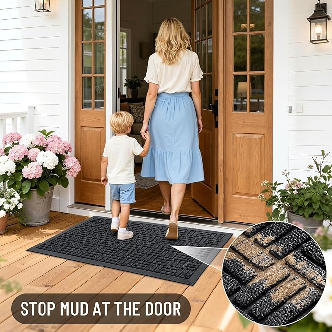 OLANLY Front Door Mat Outside Entrance 33x21, Absorbent, Heavy Duty Sturdy Natural Rubber Doormat Indoor Outdoor, Stain and Fade Resistant, Non-Slip Backing Low Profile Floor Mat for Entryway, Black