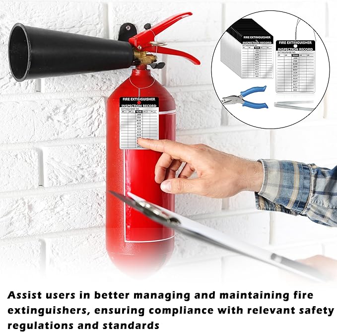 25 Pcs Waterproof Fire Extinguisher Inspection Tags 2.3 x 3 Inch Metal Aluminum with Wires and Handheld Hole Puncher Durable Metal Fire Tags for Monthly Fire Safety Check Indoor Outdoor Writeable (25)