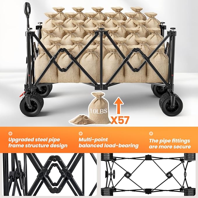 Collapsible Wagon Carts Foldable 570LBS Beach Wagon with Big All-Terrain Wheels Weight Capacity Heavy Duty Utility Carts with Cup Holders for Garden, Camping, Grocery, Sports Black