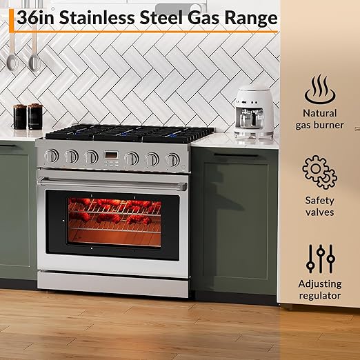36 Inch Freestanding Dual Fuel Range Oven Stove, 6.0 Cu.Ft. Large Capacity, Professional-Grade True Convection & Self-Clean Oven, High-Powered 6 Sealed Gas Burner Cooktop, Stainless Steel