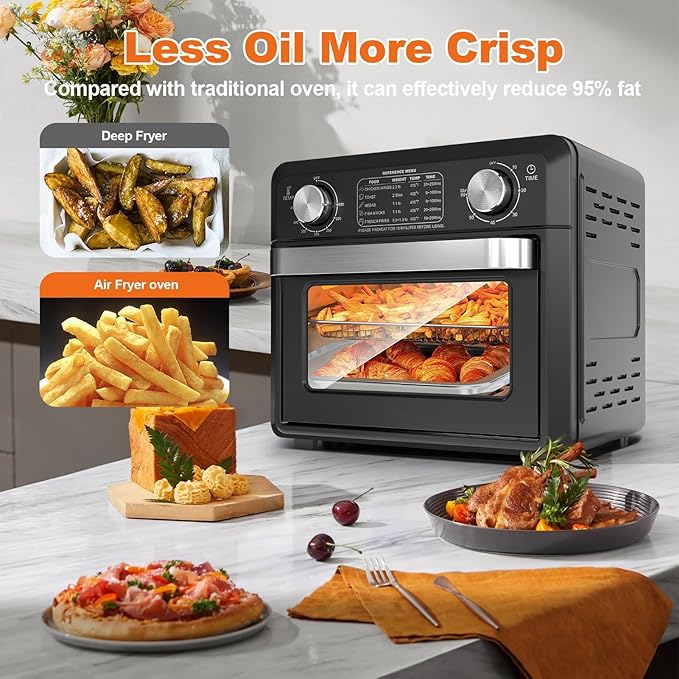 11QT Compact 2-Slice Air Fryer Toaster Oven with Reference Menus, 1500W Convection Countertop Oven, Adjustable Time & Temperature, Ideal for Singles & Couples, Black
