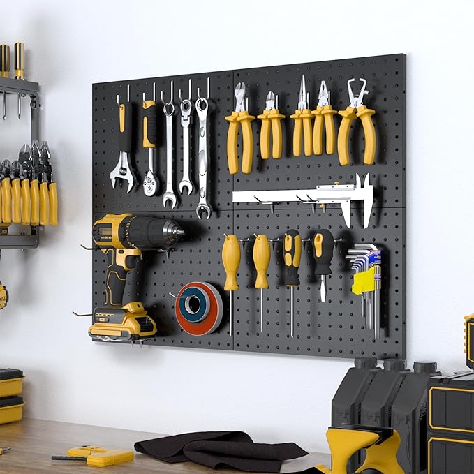 Peg Board, 4 Pack Metal Pegboard Panels with 50 Hooks, Black Pegboards Wall Organizer, Heavy Duty Peg Board for Walls Home, Garage Tool Storage, Office Organization, Craft Room, Kitchen