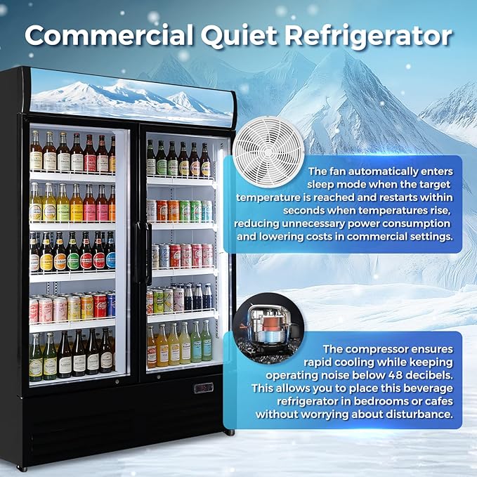 36 Cu Ft Commercial Beverage Refrigerator with 2 Glass Doors - Upright Drink Cooler Merchandiser with LED Light Display, 8 Adjustable Shelves, Black, ETL Approved for Business & Retail