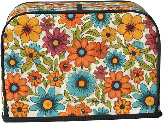 2 Slice Toaster Cover for Kitchen Hippie Flower Retro Waterproof and Dustproof Toaster Dust Cover with Side Pockets Decorative Universal Cover for Wide Slot Toasters and Small Appliances