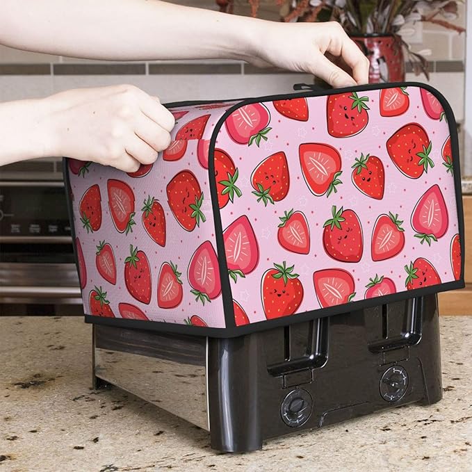 Pink Strawberry Kawaii Fruit 4 Slice Toaster Cover, Waterproof Toaster Dust Cover Bread Maker Protective Cover For Small Kitchen Appliance Dining Room Table Home Decor Gifts