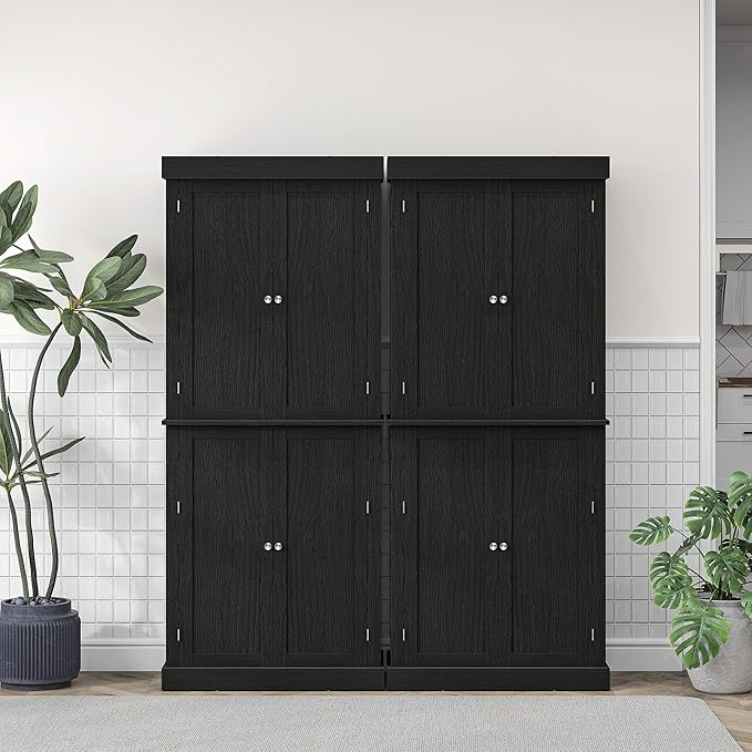 HOMCOM 72.5" Tall Kitchen Pantry Cabinet, Freestanding Modern Farmhouse Kitchen Storage Cabinet with 4 Doors and 2 Adjustable Shelves for Dining Room, Black Wood Grain