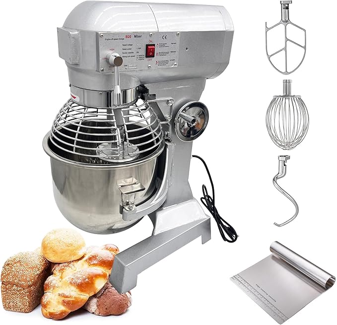 INTSUPERMAI Stand Mixer Commercial Dough Mixer Dough Kneading Machine 20L 20QT Electric Food Dough Mixer Machine with Automatic Stop Function 3 Types Hooks Whisk Beater 3 Speeds Adjustable 110V 1100W