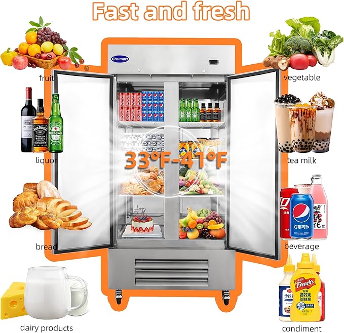 39.5" W Commercial Refrigerator with 2 door Stainless Steel 35 Cu. Ft Reach-in Refrigerator 6 Adjustable shelves Fan Cooling Fridge for Restaurant, Commercial Kitchen, Shop, ETL Certification