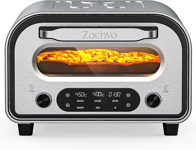 Pizza Oven Indoor, Heats up to 850°F, Makes 12” Pizzas in 90 Seconds, Electric Pizza Oven with 6 Touchscreen Presets, Countertop Pizza Ovens for Kitchen, Recipes & Pizza Stone Peel Included, Silver