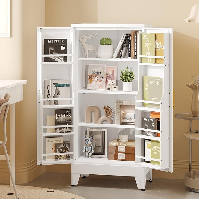 Metal Kitchen Pantry Cabinet, Storage Cabinets with 2 Door and 3 Adjustable Shelves, White Freestanding Food Storage Cabinet, Steel Cupboard for Kitchen Dinning Room