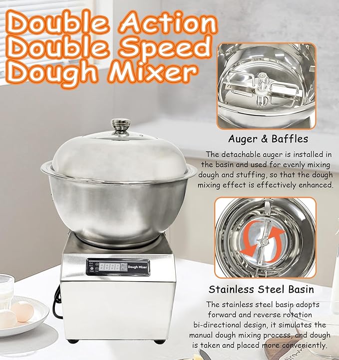8KG/18LB Commercial Dough Mixer, 110V Electric Dough Kneading Machine with Removable Stainless Steel Bowl, 30-Min Timer & Bidirectional Mixing for Baking Bread, Pizza, Pasta
