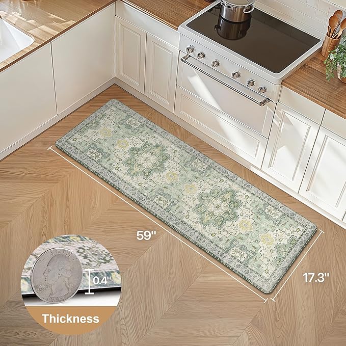 GENIMO Kitchen Mats for Floor, Washable Anti Fatigue Mat for Cushioned, 17.3"x59", Waterproof Kitchen Rugs, Non Slip Foam Comfort Standing Mat Rug for Home, Runner, Sink, Laundry, Light Green