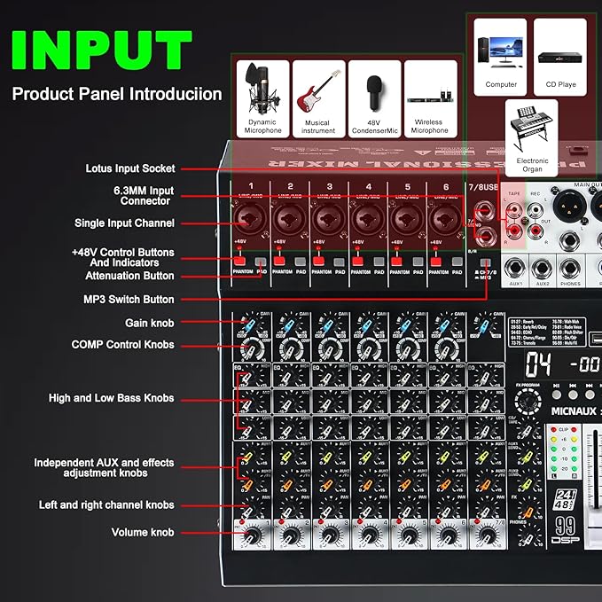 Audio Mixer 8 Channel Professional Sound Mixer Console with 99 DSP Effects, Mixing Board DJ Mixer w/USB, Bluetooth, 48V Power Supply, PAD Button for Recording Karaoke PA Drum Live Music