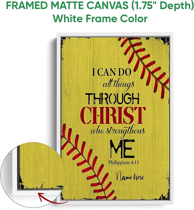 Personalized Softball Poster & Framed Canvas, I Can Do All Things Through Christ Bible Verse - Philippians 4:13 Home Office Decor, Custom Name Bedroom Living Room Aesthetic Wall Art