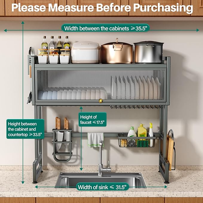 Over The Sink Dish Drying Rack with Cover, Over The Sink Dish Drainer Drying Rack 3 Tier Dish Rack, Keep Kitchen Sink Shlef Organized Space-Saving for Dishes and Cutlery (Matte Gray, 37.4" Length)