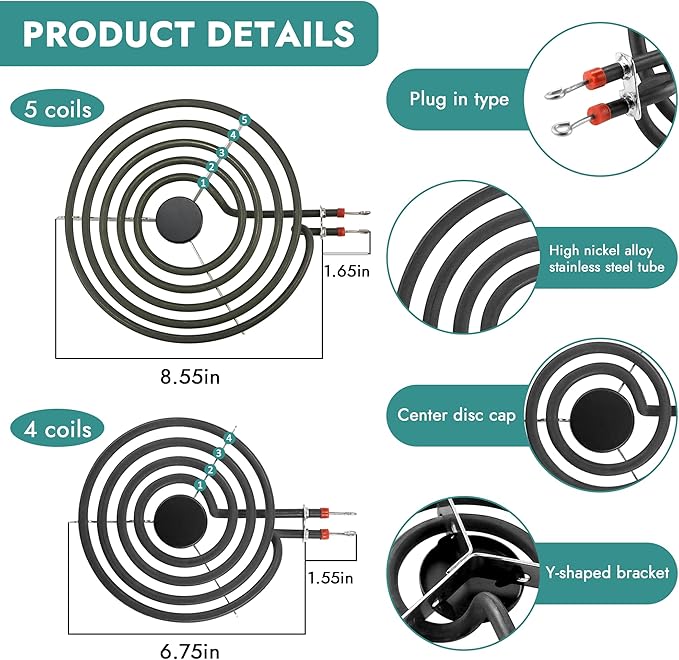 MP22YA Electric Range Burner Element & W10290350 W10290353 Silver Drip Pans for Electric Stove by Fetechmate, 6-Inch & 8-Inch& Chrome Drip Pan with Burner Element Fit for Ama-na Whirl-pool Stove Top