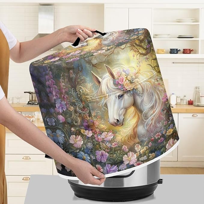 TODIYADDU White Horse Floral Pressure Cooker Cover with Pocket Novelty Air Fryer Cover Dust Cover Insulated Kitchen Appliance Cover Protector for Pressure Cooker Instant Pot Accessories Presents, L