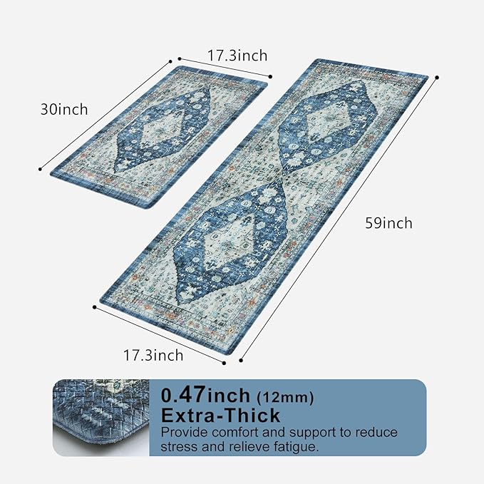 Collive Boho Kitchen Rugs Set of 2 Non Skid Kitchen Mats for Floor Cushioned Anti Fatigue Kitchen Floor Mats Waterproof Comfort Heavy Duty Foam Mats for Standing Desk Sink Laundry, 17"x30"+17"x59"