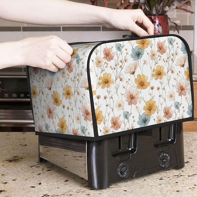 4 Slice Toaster Cover for Kitchen Botanica Flower Vintage Waterproof and Dustproof Toaster Dust Cover with Side Pockets Decorative Universal Cover for Wide Slot Toasters and Small Appliances