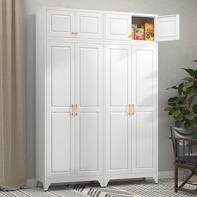 Kitchen Pantry Storage Cabinets, 90" Tall Metal Storage Cabinet with Doors and 4 Shelves, White Pantry Cabinet, Utility Kitchen Cupboard, Large Steel Cabinets for Dining Room, Office, Living Room