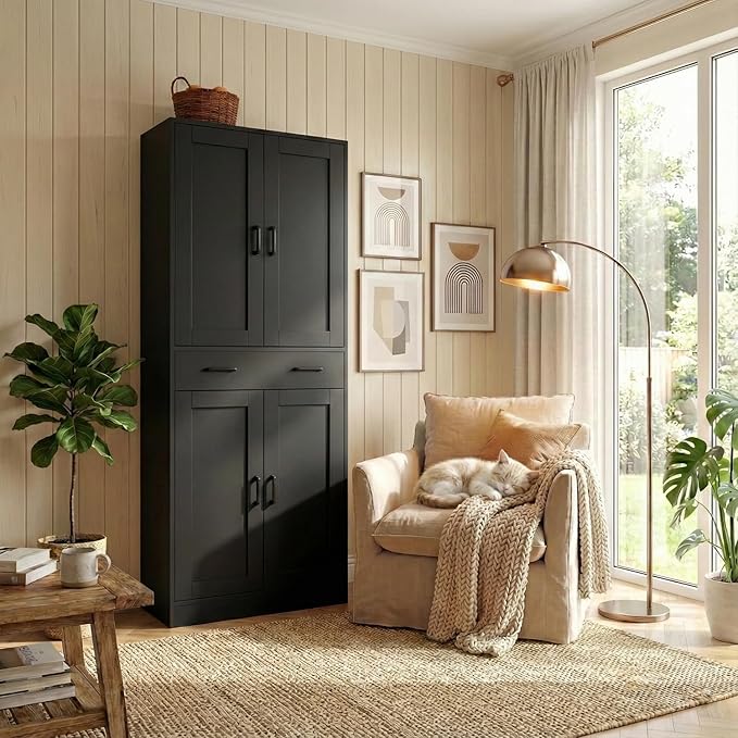 71" Tall Kitchen Pantry Cabinet, Freestanding Storage Cabinet with Drawer and 4 Doors, Large Black Utility Floor Cupboard with Adjustable Shelves for Dining Room, Bathroom, Home Office
