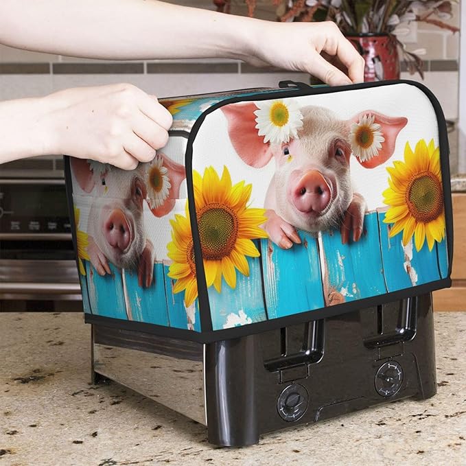 Toaster Cover 2 Slice with Pockets, Funny Pig On The Wooden Board Rustic Sunflower Farmhouse Kitchen Accessories Decor Bread Maker Oven Protector Covers Dust Proof Fingerprint Covers