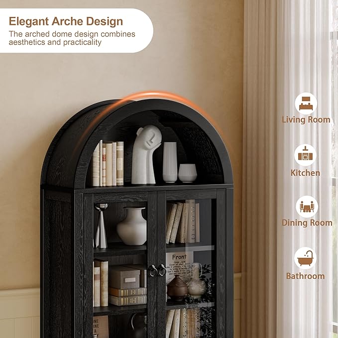 71'' Tall Arched Cabinet, Arched Kitchen Pantry Cabinet with Doors, Wood Arch Storage Cabinets Display Bookcase with 2 Large Drawers and Adjustable Shelves, Versatile Cupboard for Living Room