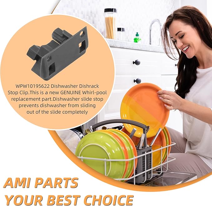 Upgraded W10195622 Dishwasher Dishrack Stop Clip Fit for Whirl-pool Kitchen-aid Ken-more Dishwasher Top Rack Parts, Replaces WPW10195622 1872168 AP6016778 PS11750071 by AMI PARTS（2PCS）