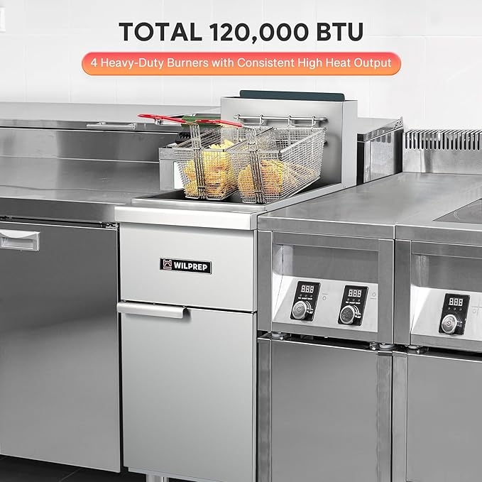 WILPREP Commercial Gas Floor Fryer, 4 Burner Commercial Deep Fryer with 2 Baskets 120000 BTU 50 lb Capacity 400°F Constant Temperature, Stainless Steel Liquid Propane Deep Fryer for Restaurant Kitchen