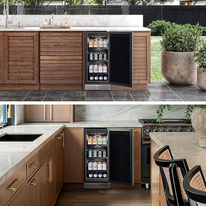 Yeego 15 Inch Beverage Refrigerator, 100-Can Beverage Cooler with Lock & Auto Defrost, Stainless Steel Indoor & Covered Outdoor Beverage Fridge, Freestanding or Under Counter for Beer, Soda & Wine