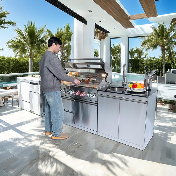 96'' 6-Burner 85000 BTU Deluxe Stainless Steel Natural Gas Outdoor Kitchen Island with Grill, Wine Cooler Compact Refrigerator, Rotisserie Kit, Granite Countertops, Stainless Steel Sink, Silver