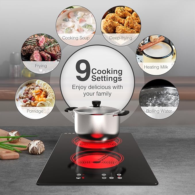 Electric Cooktop,Built-in and Countertop Electric Stove Top, 2100W 110V Electric Burner 9 Heating Level, Timer & Kid Safety Lock, Sensor Touch Control 2 Burner Electric Cooktop.