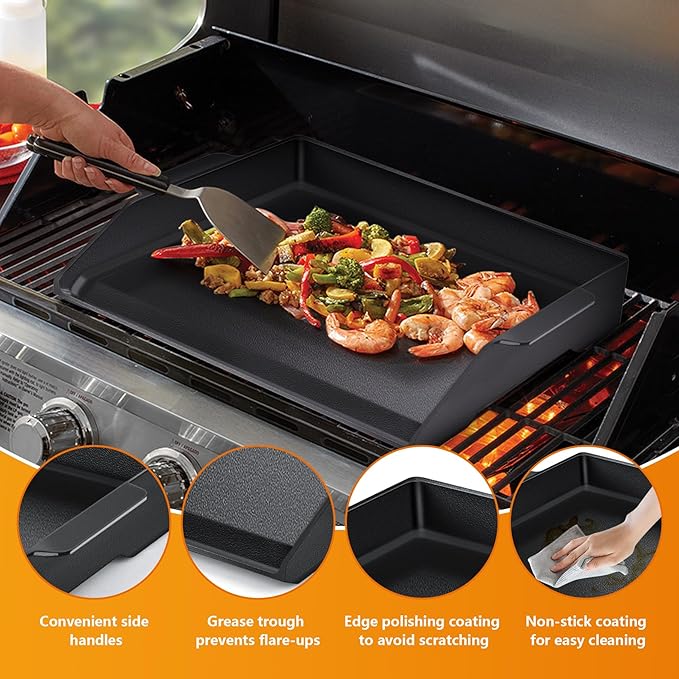 Universal Cast Iron Griddle 17" X 13",Stove Top Griddle for Gas Grills,Fire Pits,And Ovens,Nonstick Coating Teppanyaki Grill Pan for Stove Top With Extra High Sidewalls for Outdoor Cooking