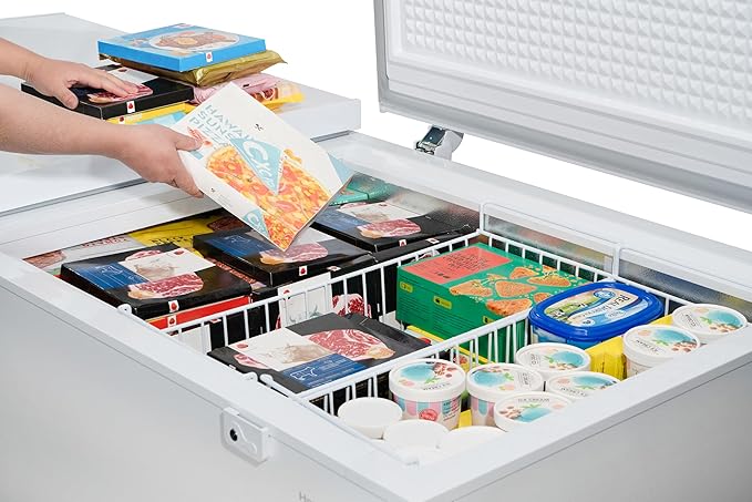 Hamilton Beach HBFRF2129 21 cu ft Double Door LID Garage-Ready Chest Freezer-White, Vinyl-Coated Baskets, Space-Saving Flat Back, Stay-Open, Front-Access Drain, for Storage, Hunting, Large Family