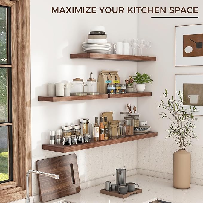 Floating Shelves for Wall 36"W x 7.8"D x 1.5"H, Engineered Wood Wall Shelves with Invisible Brackets for Living Room Bedroom Bathroom Office Kitchen Decor and Storage, Walnut Finish, Set of 2