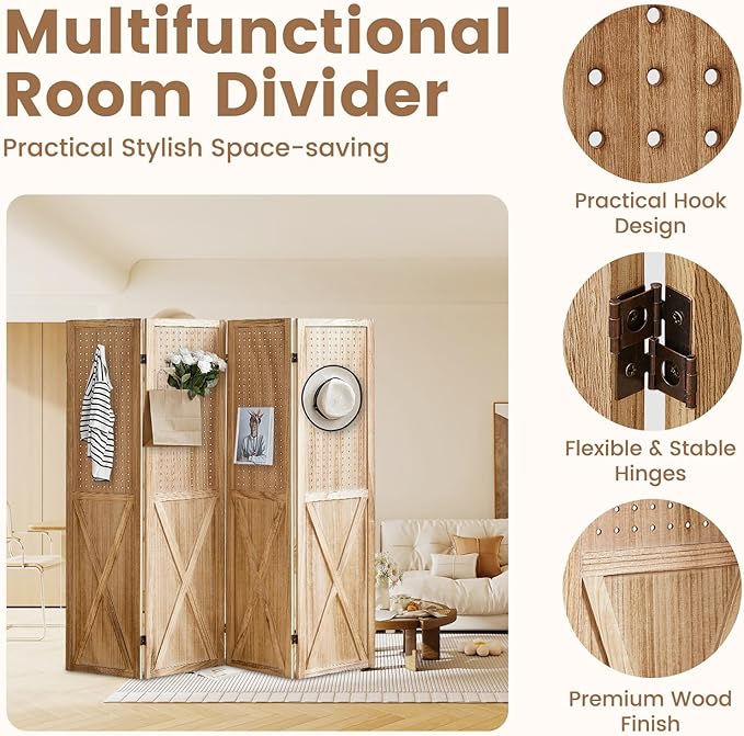 4 Panel Pegboard Wood Room Divider, 5.6Ft Pegboard Display Folding Privacy Screens, Peg Board Display Freestanding for Trade Show Craft Show Home Wall Organizer, Light Brown
