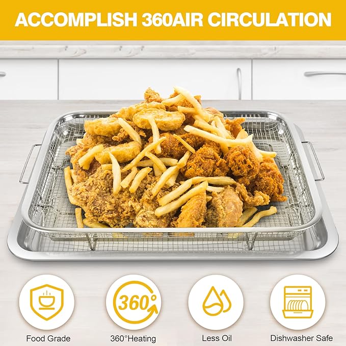 Air Fryer Basket for Oven 15 x 11 Inch Stainless Steel, Air Fryer Accessories Oven Rack and Crisper Tray, Bacon Cooker Broiler pan for oven, Bakeware Sets Oven Rack-2 Piece Large