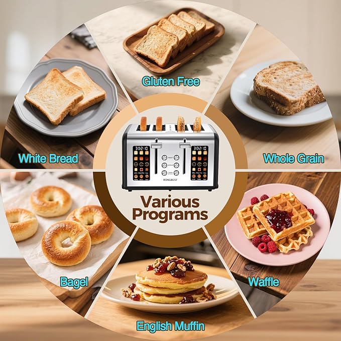 4 Slice Touch Screen Toaster, Easy-to-Use Digital Stainless Steel Toaster with Wide Slots, Reheat Defrost Cancel, Removable Crumb Tray, Matte Black