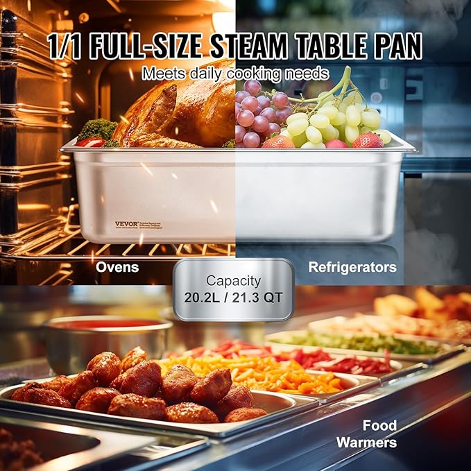 VEVOR 6 Pack Hotel Pans, Full Size 0.8mm Thick 6-Inch Deep Commercial Stainless Steel Restaurant Steam Table Pan, Catering Storage Food Pan, for Industrial & Scientific