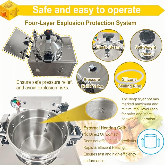 16L Commercial Pressure Fryer, 220V 3000W Electric Countertop Deep Fryer with Digital Control Panel, 304 Stainless Steel Frying Basket with Handle for Chicken Wings Chips Fishes Meatballs