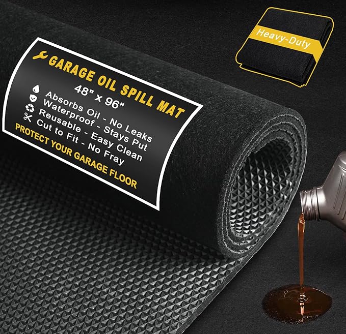 Golener Oil Spill Mat - Garage Floor Mat, Absorbent Oil Pad, Premium Maintenance Mat, Waterproof, Contain Liquid, Protect Garage Surface from Spill & Stain, Reusable, Washable, Durable, Black, 48”x96”