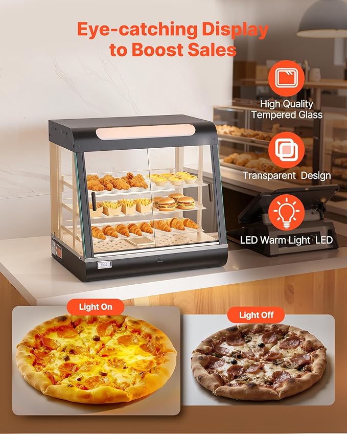 VEVOR 3-Tier Commercial Food Warmer Display, 1200W Food Display Warmer with LED Light, Top Storage and Adjustable Shelves, 86℉~185℉ Steam Heating, 106Qt/100L for Hamburger, Pizza, Bread, Fried Chicken
