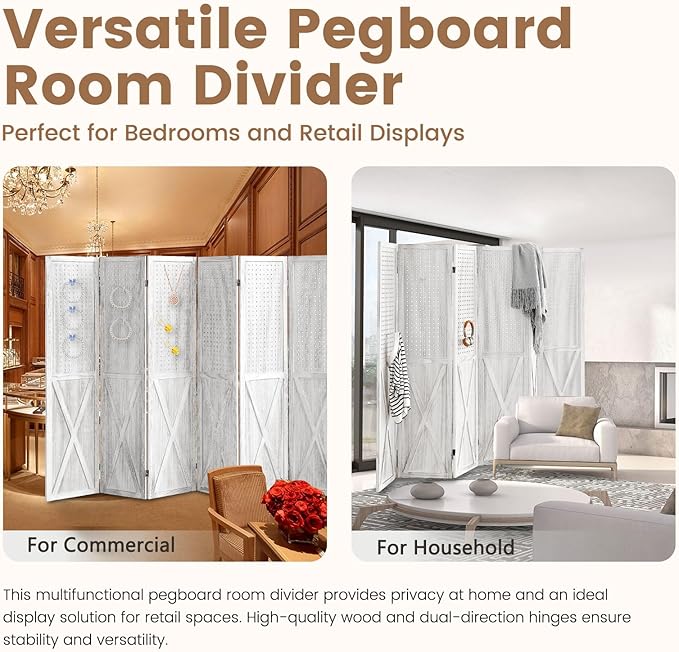 6 Panel Pegboard Room Divider, 5.6Ft Pegboard Display Folding Privacy Screens, Wood Room Divider Peg Board Display Freestanding for Trade Show Craft Show Home Wall Organizer, Retro White