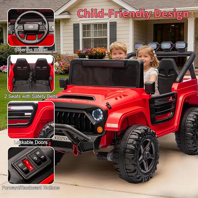 Kids 24V 2-Seater Electric Ride On Car, 4x4 Ride On Truck w/Remote Control, 4-Wheeler Suspension, 3 Speeds, Led Lights, Bluetooth, Ride on Car Toy for Kids Ages 3-8, Red