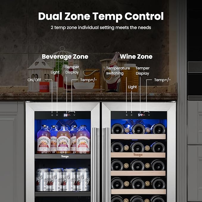 Yeego 24 Inch Wine and Beverage Refrigerator - 80 Cans & 33 Bottles Wine Fridge with Glass Door, 36-72°F Built-In or Freestanding Dual Zone Wine Cooler for Kitchen Bar Office Beer Soda Drink