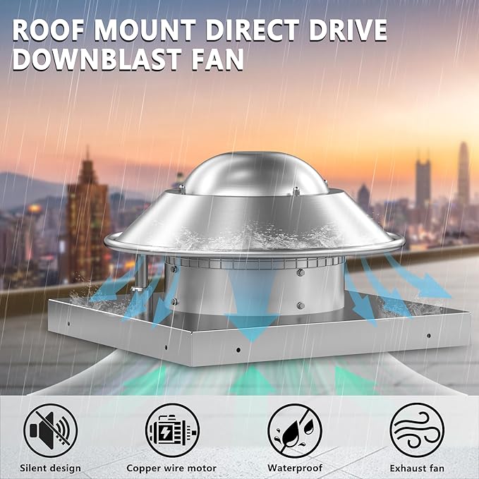 Roof Exhaust Fan Direct Drive Axial Downblast Exhaust Fan -19" Fan Base, 1/30 HP 115 Volt Single Phase Motor 500 CFM, ETL Listed