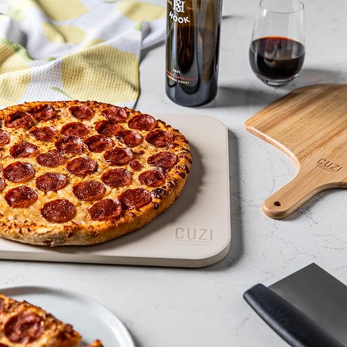 Cuzi Gourmet 3-Piece Pizza Stone Set - 15x12" Thermal Shock Resistant Cordierite Pizza Stone, 15x12" Natural Wood Pizza Peel & Pizza Cutter - Pizza Stone for Grill and Oven
