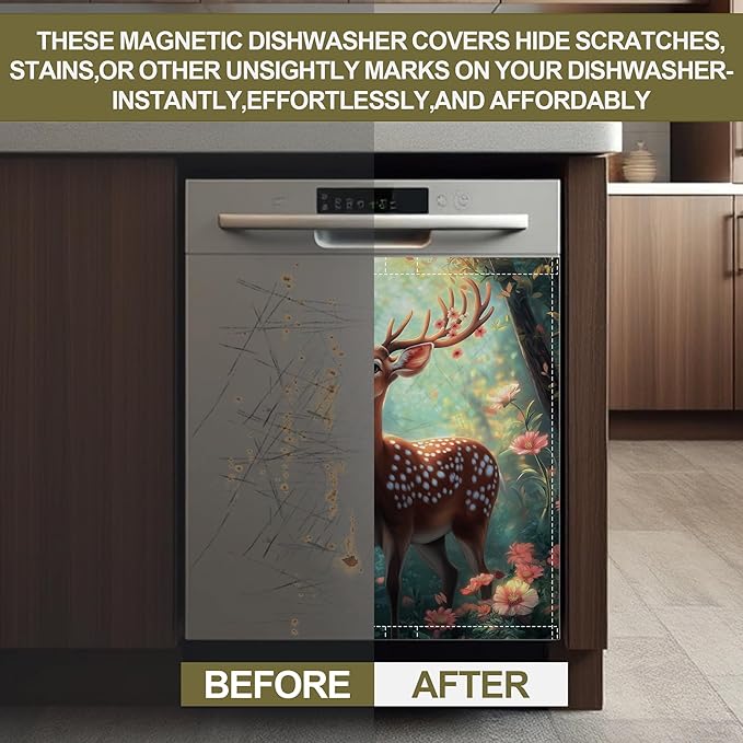 Magnetic Dishwasher Cover,Beautiful Deer Reusable Dishwasher Magnetic Cover Forest Decorative Door Covers Panel for Home Kitcen 23" x 26"