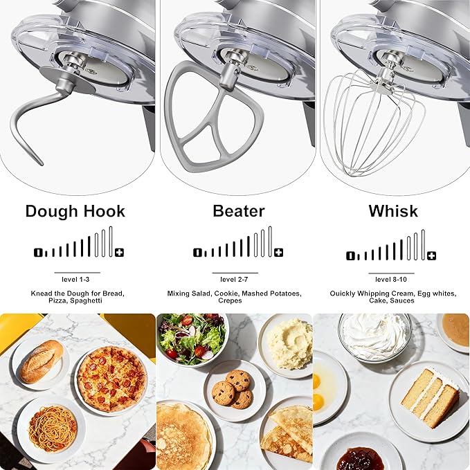 8.45 QT All Metal Stand Mixer,10 Speed Large Capacity Kitchen Mixer with Digital Timer & Tilt-Head, Electric Mixer with Whisk Dough Hook Mixing Beater for Baking,Cakes,Cookie,Bread,Salad(Silver)