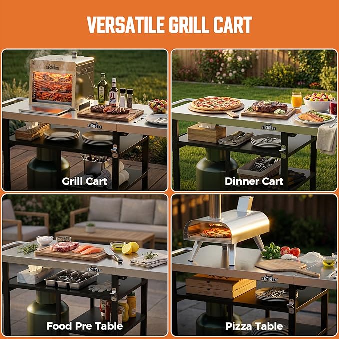 BIG HORN OUTDOORS Grill Cart, Stainless Steel Outdoor Grill Table for Infrared Grill, Pizza Oven Stand Compatible with Big Horn, Ninja, Ooni Pizza Ovens, Outdoor Cooking Table with Wheels & Storage